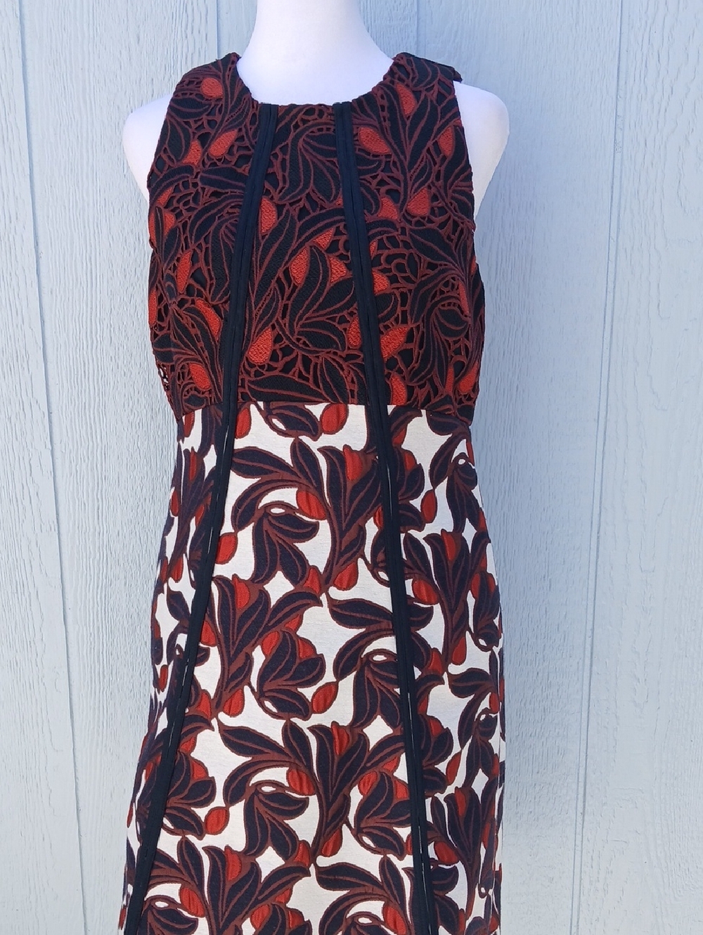 Ann Taylor Red & Black Leaf-Print Sleeveless Midi Dress